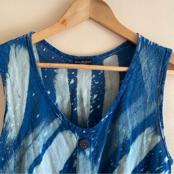 Shiva Fashions Blue Tie-Dye Sleeveless Swing Dress One Size Pocket Boho Festival - Picture 5 of 11